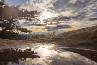 View from the Carolafelsen the sky is reflected in a puddle, Bad Schandau, Saxony, Germany, Europe