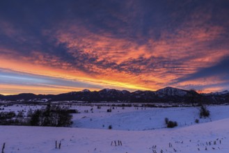Dawn, clouds over mountains, winter, snow, Loisach-Lake Kochel moor, Kochler mountains behind,