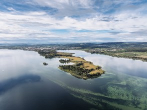 Aerial view of the Mettnau peninsula near Radolfzell on Lake Constance, the Hegau mountains on the