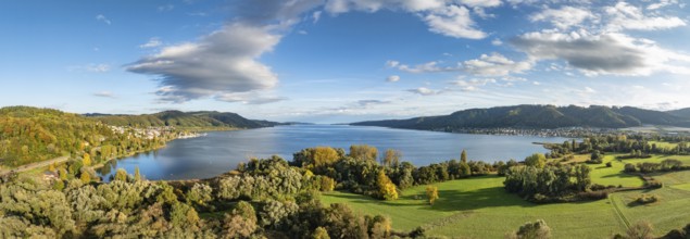 Aerial view, panorama of the Stockach Aach estuary with autumn vegetation at the northwest bay of
