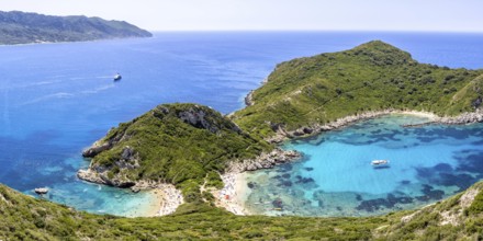 Porto Timoni Beach with turquoise blue sea panorama on the island of Corfu, Greece, Europe