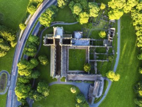 Top Down over Kirkstall Abbey from a drone, Kirkstall, River Aire, Leeds, West Yorkshire, England,