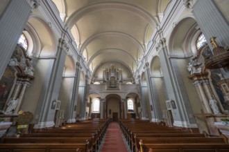 Interior with organ loft of the parish church, founded in 1307, baroqueised in the 18th century,