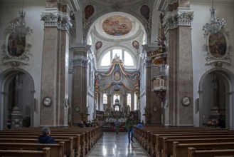 Church, baroque basilica of St. Mang, interior view, Füssen, Ostallgäu, Bavaria Germany