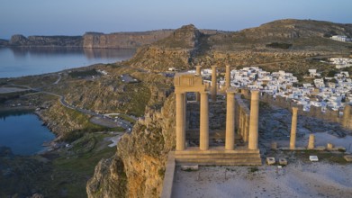 Drone shot, first morning light, Lindos, Acropolis of Lindos, Temple of Athena Lindia, Acropolis