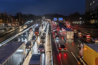 Evening traffic jam on the A40 motorway, Essen-Huttrop junction, traffic jam in both directions,