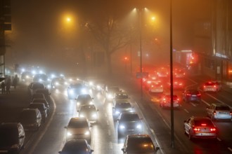 City centre traffic, fog, traffic jam, autumn, winter, traffic jam, Hindenburgstraße, Essen, North