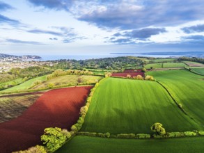 Fields and Farms over Torquay from a drone, Devon, England, United Kingdom, Europe