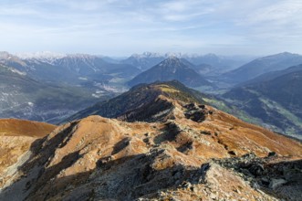 Kreuzjoch summit, view of Tschirgant summit and the Oberinntal valley and into the Pitztal valley,