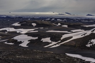 Volcanic landscape, lava, mountainous, snowfields, glaciers behind, cloudy, highlands, Laki,