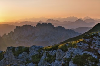 Fribourg Prealps with Gastlosen mountain range at sunrise, Bernese Alps behind, cantons of Fribourg