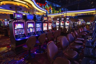 Buffalo, USA-20 July, 2018: Casino hall with slot machines and roulette tables