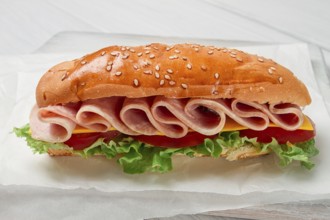 Sandwich submarine, on a white table, close-up, no people, horizontal, homemade