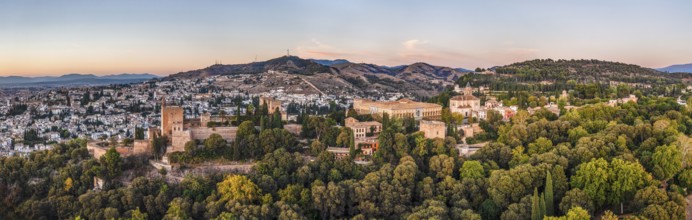 Panorama of a green landscape with trees and buildings against a mountainous backdrop at sunset,