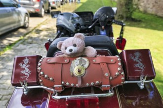 Motorbike with panniers and teddy bear parked at the roadside, Kawasaki, retro, Lower Saxony,
