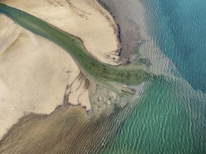 Aerial photograph, top down view of the Radolfzell Aach estuary with current lines, structures,