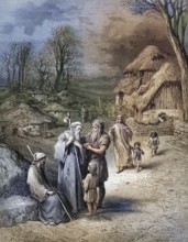 Pilgrims being fed by peasants, Historical, digitally restored reproduction from a 19th century