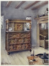 Furniture around the turn of the century 1900, The Putnam cupboard of English oak and cedar, Carved