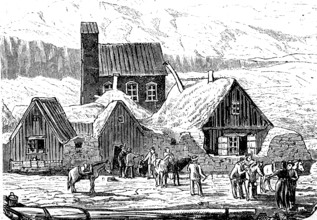 Country vicarage and church in Thingvalla in Iceland, in 1870, Historical, digital reproduction of
