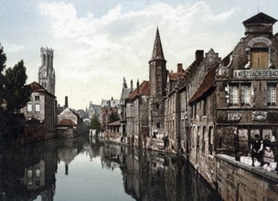 The Canal and Belfry, Bruges, Belgium, Historical, digitally restored reproduction from a 19th