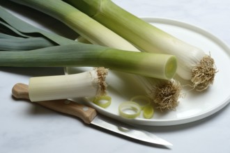 Leek, leek sticks on plate with knife, leek
