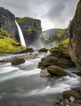Haifoss and Granni waterfall at a canyon, Fossá í Þjórsárdal, with river í Þjórsárdal, long