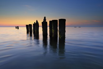 Stone pyramids on old groynes with algae in the water on the Baltic Sea beach at sunset, Wustrow,