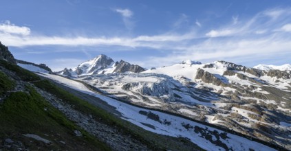 High alpine mountain landscape, summit of the Aiguille de Chardonnet and Glacier du Tour, glaciers