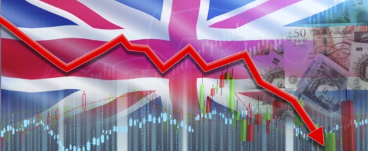 UK financial crisis on economic graph, economic collapse. Financial fall of United Kingdom economy
