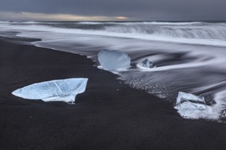 Ice floes, beach, sea, waves, cloudy, Diamond Beach, Breidamerkursandur, Jökulsarlon, Iceland,
