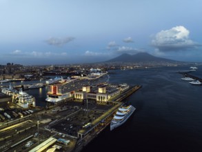 Naples Ferry Terminal at night from a drone, Molo Immacolatella Vecchia, Naples, Campania, Italy,