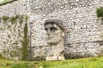Giant sculpture head of Roman emperor Constantine the First (272-337 AD), Berat Castle, Berat,