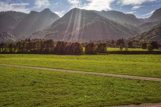 Landscape with green fields and forests in front of imposing mountains under a sunny sky,