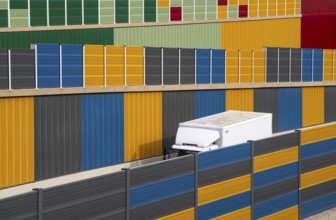 Colourful noise barriers on the A52 motorway, at the Essen-Rüttenscheid junction, the noise