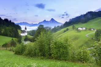 Maria Gern pilgrimage church, view of the Watzmann, in front of sunrise, Berchtesgarden Alps,