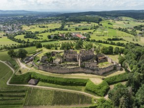 Aerial view of the ruins of Hochburg Castle, also known as Hachberg, 11th century, between