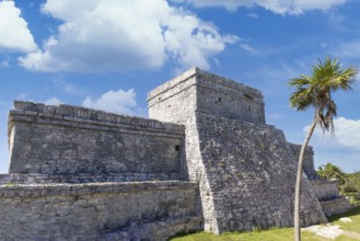 Temple of the God of Wind in Tulum Archaeological Zone with Mayan pyramids and ruins located on the