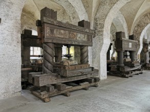 Lay refectory, exhibition of historical wine presses from the period 1668 to 1801, Eberbach
