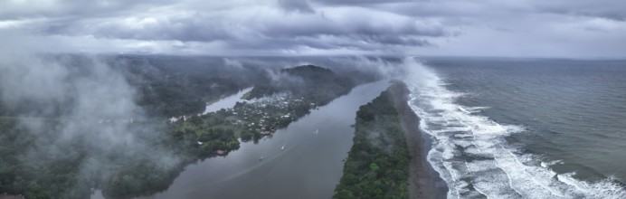 Aerial view, beach and sea, coast with rainforest, Tortuguero National Park, Costa Rica, Central