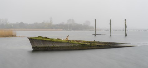 Long exposure, ship's bow in the Bodden, Dranske, Rügen, Mecklenburg-Western Pomerania, Germany,