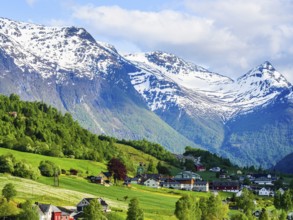 Mountains and Fiord over Norwegian Village, Olden, Innvikfjorden, Norway, Europe