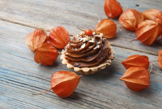 Sweet waffle, cake with cream and red physalis on a rustic blue wooden background