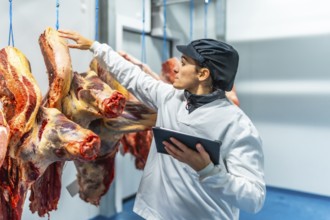 Woman butcher using digital tablet working inside a cold storage room in a meat processing factory