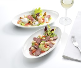 Two plates each with a meat dish and a fish dish, a glass with white wine, a fork on a napkin,