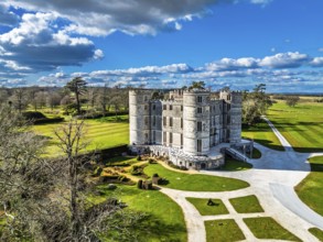 Lulworth Castle from a drone, Lulworth Estate, Camp Bestival, East Lulworth, Dorset, England,