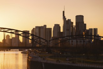 Sunset behind the Frankfurt banking skyline, Osthafen, Frankfurt am Main, Hesse, Germany, Europe