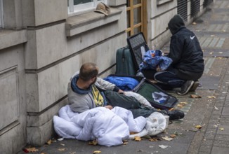 Homeless persons on a street in Bloomsbury, Camden, West End, London, England, UK, Great Britain,
