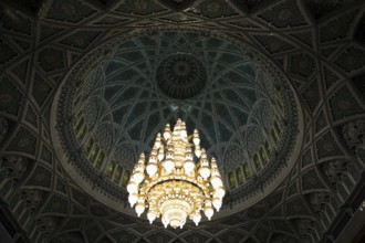 Ceiling light in the men's prayer room, interior view, in the Sultan Qabus Grand Mosque, Muscat,