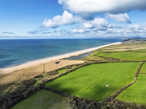 Farms over Swyre and West Bexington from a drone, West Bexington Nature Reserve, S W Coast Path,