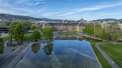 City view of Stuttgart. Aerial view. City centre with New Palace and Eckensee. Stuttgart,